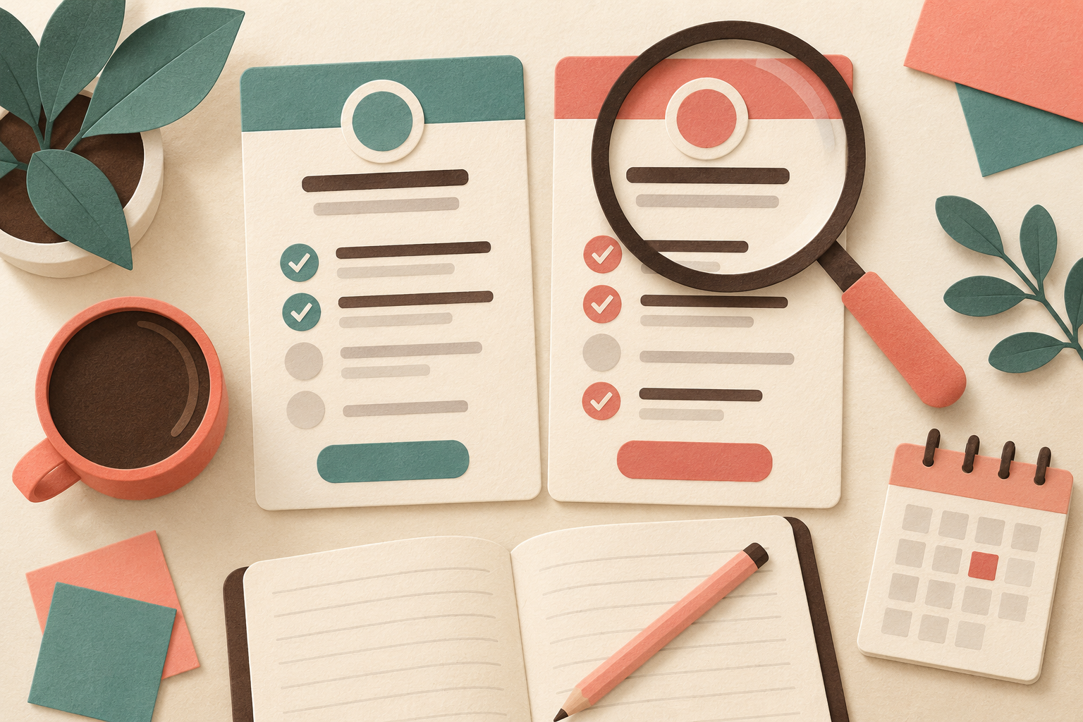Paper-cut illustration of two plan cards, a magnifying glass, an open notebook and a calendar on a cream desk.