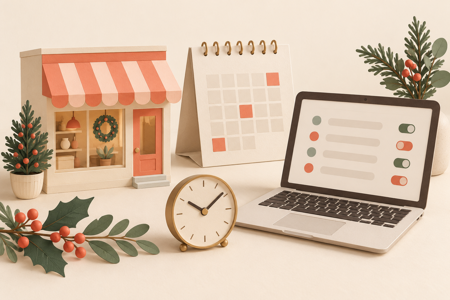 Paper-cut illustration of a shop with a salmon awning, a calendar with highlighted squares, a laptop, an analog clock and winter greenery.