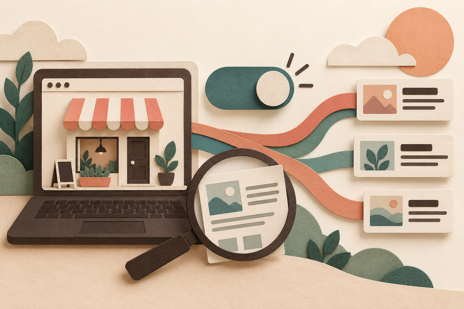 Paper-cut illustration of a storefront on a laptop, an inclusion switch, and a magnifying glass connected to abstract search cards.